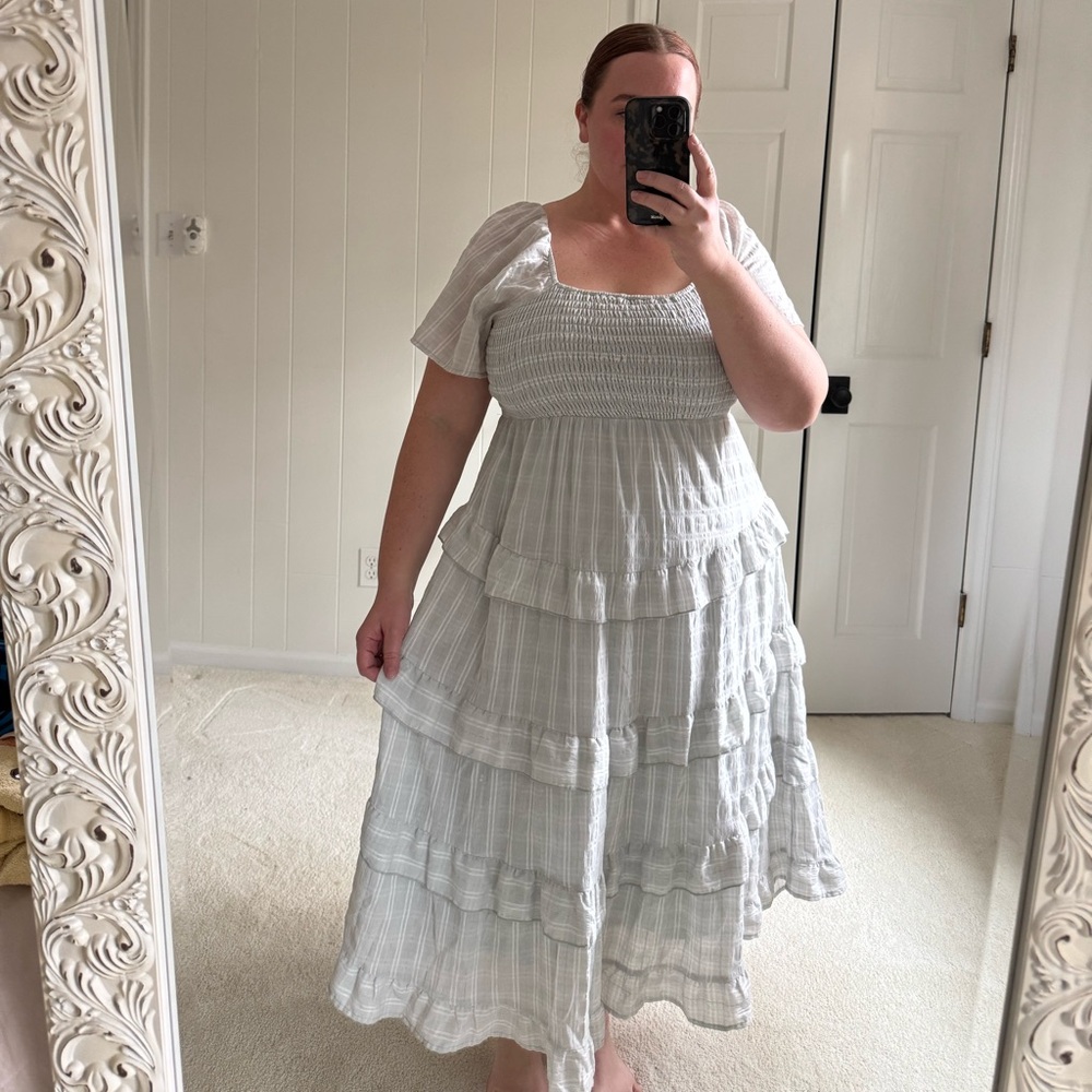 Light Blue Plaid Tiered Midi Dress